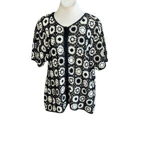 Fitting Image Cardigan Sweater Black White Granny Square Crochet Size 18/20